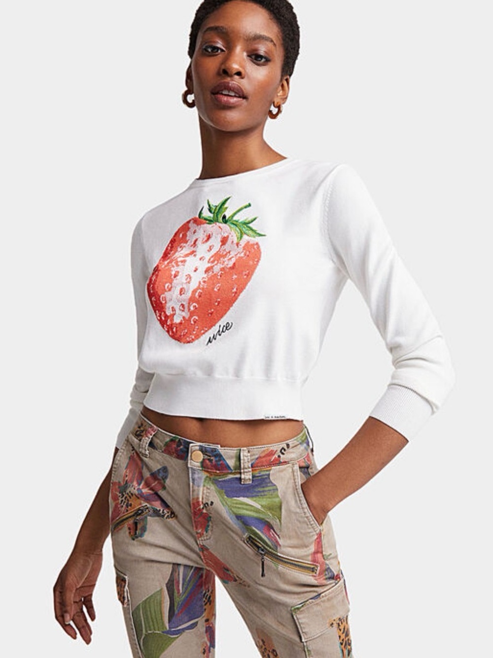 Desigual NWT $170 Cream Sweater with Red Strawberry Graphic